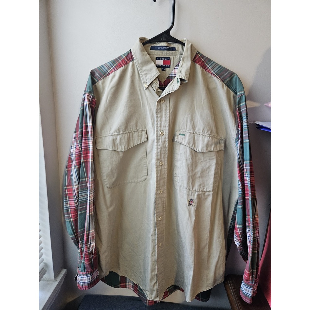 Vintage Tommy Hilfiger patchwork plaid button down Oversized Men Sz M 100%Cotton
